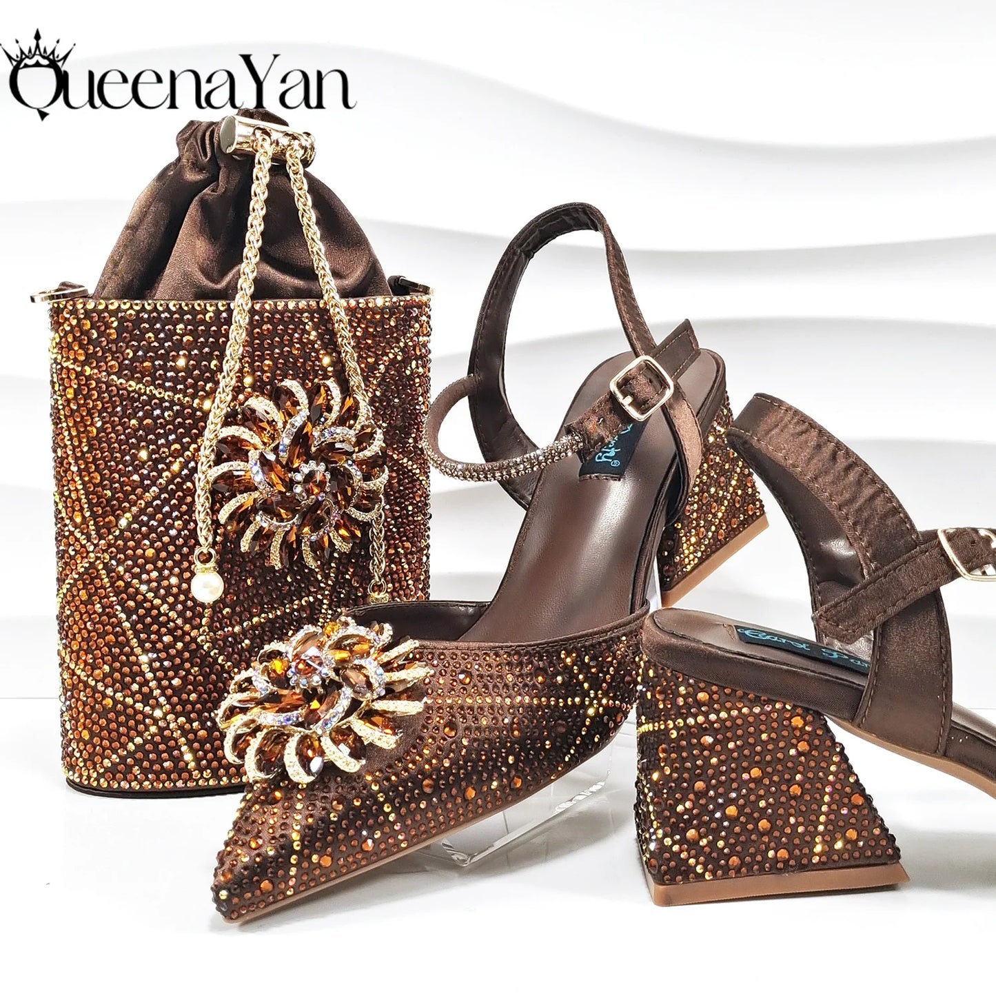 QSGFC Fashion Design High-end Women's Shoes with Diamond Oval Stand Bag Women's High Heels for Special Day or Work