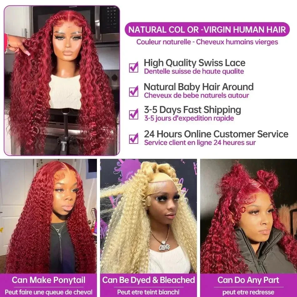 99J Burgundy Deep Wave 13x4 13x6 Hd Lace Frontal Wigs 360 Full Lace Front Wig Human Hair Curly Wigs Pre Plucked Brazilian Hair