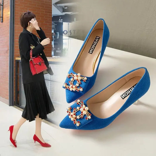 Women's Red High Heels Shoes Showing Off Wheat Grain Design Chinese Style Pearl Buckle Middle Heel Single Shoes