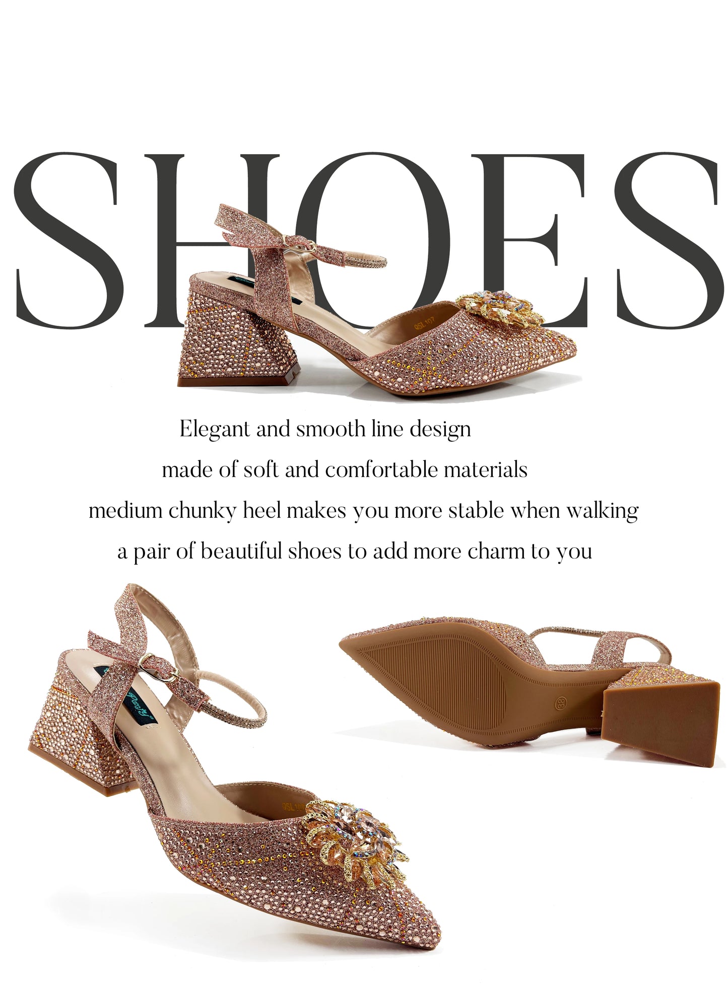 QSGFC Fashion Design High-end Women's Shoes with Diamond Oval Stand Bag Women's High Heels for Special Day or Work