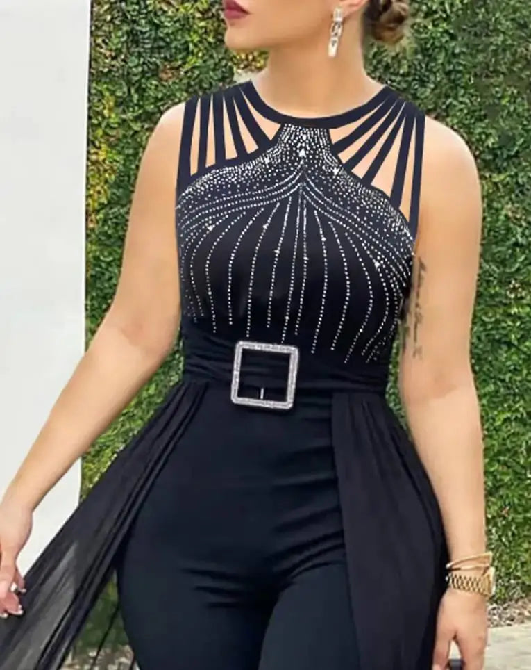 Elegant Jumpsuit for Women Party Summer Casual Rhinestone Sheer Mesh Sleeveless Jumpsuits Skinny Outfits Fashion Ladies Suit