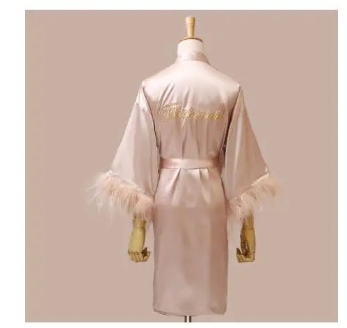Women FEATHER Bride Bridesmaid Wedding Robe Satin Kimono Bathrobe Gown Nightwear Embroidery Letter Nightgown V-Neck Lingerie