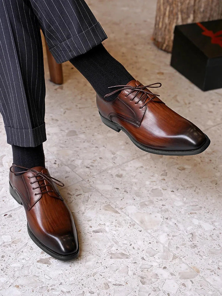 Wood Grain Derby Shoes Fashion Formal Shoes for Man Business Dress Square Toe Rubber Social Men's Shoe Stitching Oxfords