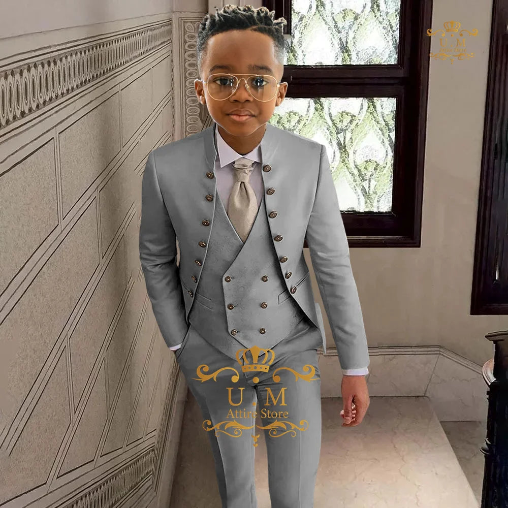 khaki boy's suit 3-piece set in khaki full open top jacket vest pants custom tuxedo for children wedding birthday cocktail party