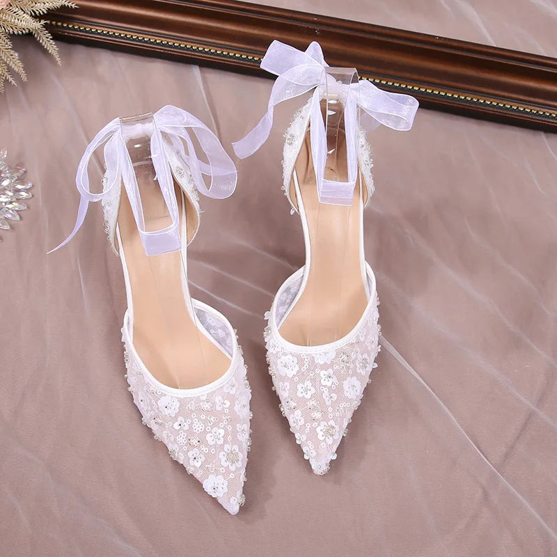 French Beaded Hollow Sandals Women's White Lace Strap Pointed High Heel Main Wedding Shoes