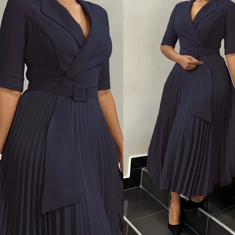 Women's Fall  new commuter fashion suit collar pleated waist plus size dress