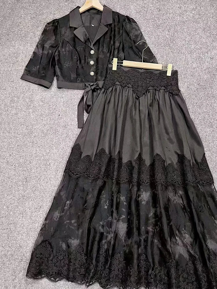 Retro embroidered lace lapel short shirt two-piece set for 2025 summer women's wear + applioned high-waisted loose skirt set