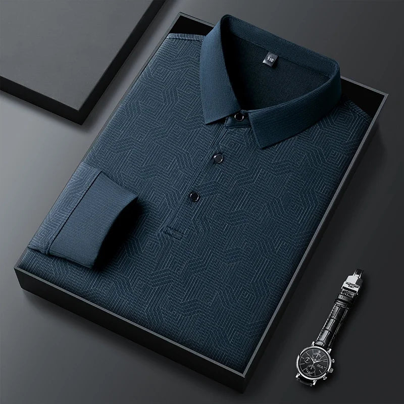 New Men's Business Casual Long Sleeved Shirt with Badge Solid Color Polo Shirt Fashionable Breathable Comfortable Versatile Top