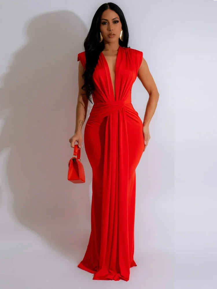 Elegant Ruched Bodycon Maxi Dress Women Birthday Night Party Evening Prom Deep V-neck Slim Celebrity Formal Long Dresses Ribbon