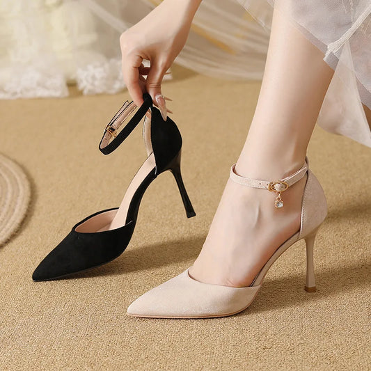 Small Size 30-44 Women High Heel Shoes Suede Thin Heels Ankle Strap Solid Color Point Toe Black Shoes
