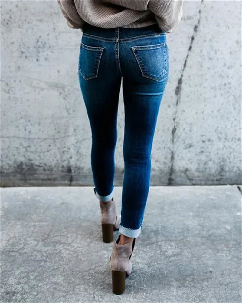 Casual Skinny Pencil Pant Women Streetwear Hole Worn Slim Jeans Pants Trendy Ripped Stretch Light Blue Denim Trousers For Female
