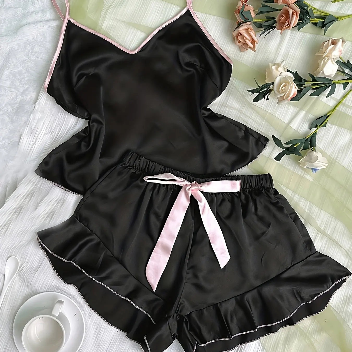Women's Smooth Satin Pajamas, V-Neck T-Shirt, Ruffled Edges And Bow Shorts, Simple And Breathable Pajama Set