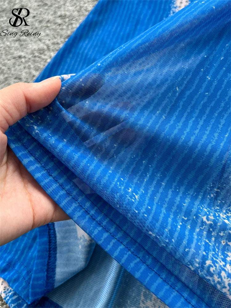 SINGREINY Sexy Beach Party Long Dress Diamonds Print Straps Backless Slim Fit Sundress Women Summer Mesh Bodycon Evening Dress