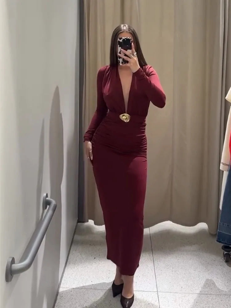 TRAFZA Women Spring New Sexy Deep V-neck Inlaid Belt Long Sleeve Slim Dress Female Temperature Evening Dress Pleated Long Dress