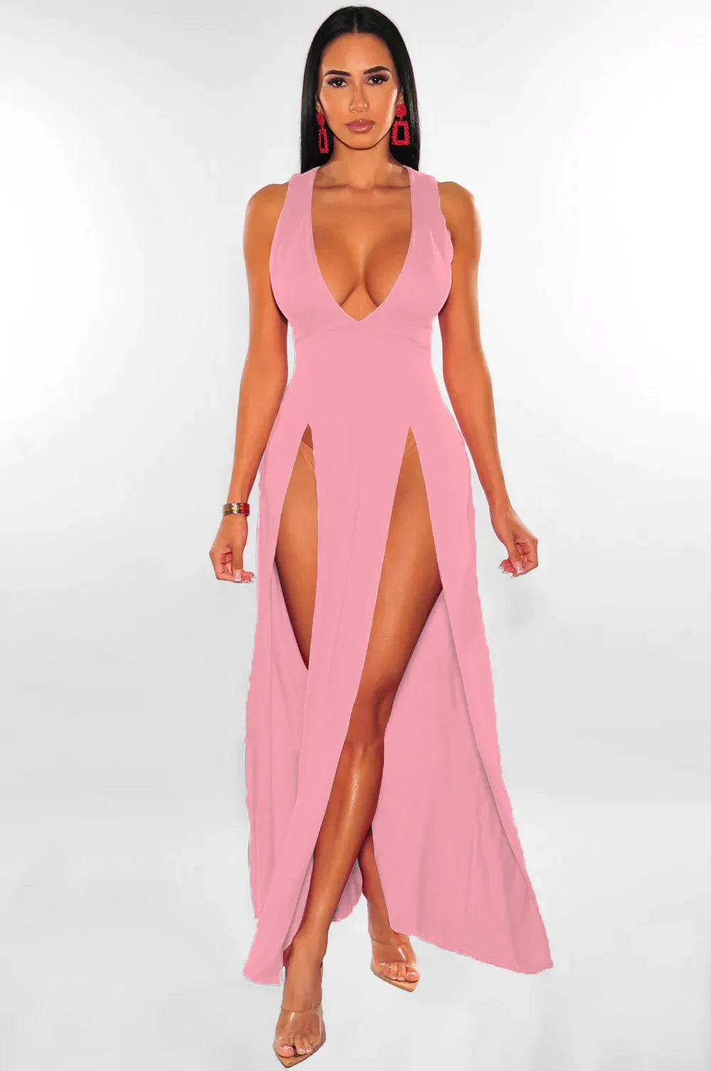 Sexy Woman Club Dress Backless Sleeveless Deep V-Neck High Waist Slit Maxi Dress Birthday Midnight Party Elegant Women Dress