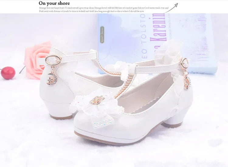 Children Party Leather Shoes Girls PU Low Heel Lace Flower Kids Wedding Shoes Girls Sandals Dance Dress Dance Shoe White Pink
