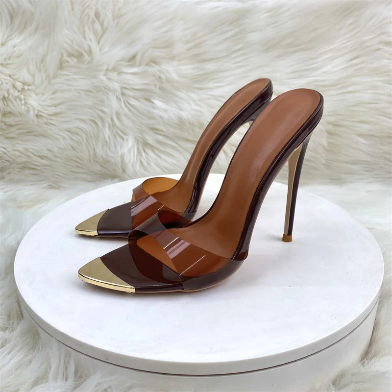 Keshangjia 12cm Sexy Pointy Color Pvc Slippers High Heel Sandals Women Brown  Stiletto Heels Lady Shoes Female Big Size 44-46