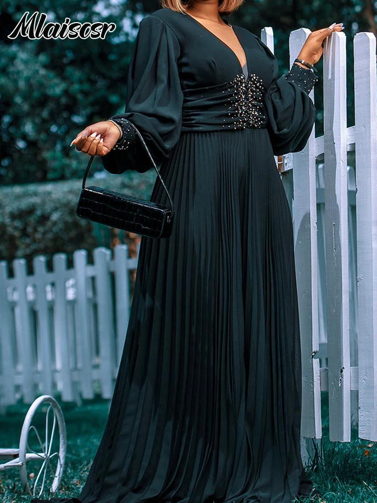 Mlaiscsr Elegant Evening Party Jumpsuit Long Sleeved Waist Pearl Bead Mesh Loose Wide Leg Pleated Long Dinner One Pieces Rompers