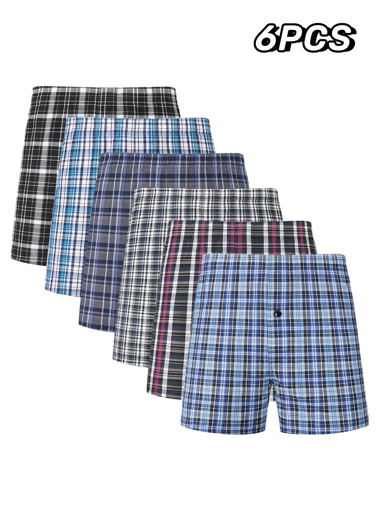 JupiterSecret 6 Pcs Boxer Shorts Casual Plaid Elastic Waistband Button Mens Boxer Underwear Woven Shorts For Home Random Color