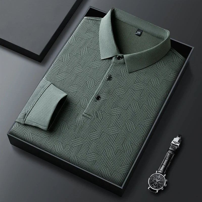 New Men's Business Casual Long Sleeved Shirt with Badge Solid Color Polo Shirt Fashionable Breathable Comfortable Versatile Top