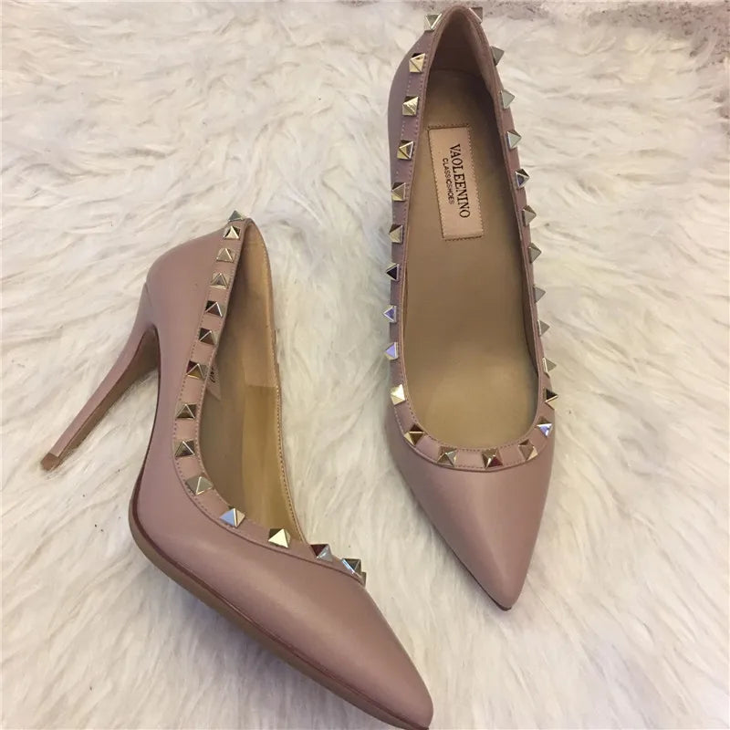 2025 New Luxury Brand High Heels Women's Shoes Metal Rivet Pointed Black Pumps Fashion Sexy Genuine Leather Women's Single Shoes