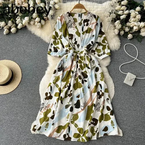 Summer Holiday Floral Beach Wrap Dress Women V Neck Short Sleeves Chic A Line Dress Bohemian Vintage Print Long Dress