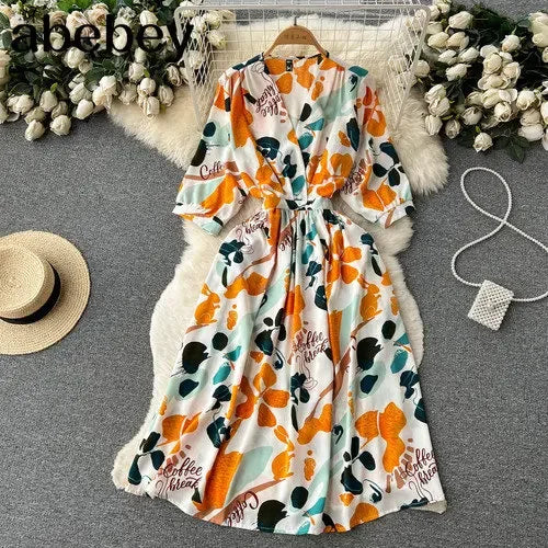 Summer Holiday Floral Beach Wrap Dress Women V Neck Short Sleeves Chic A Line Dress Bohemian Vintage Print Long Dress