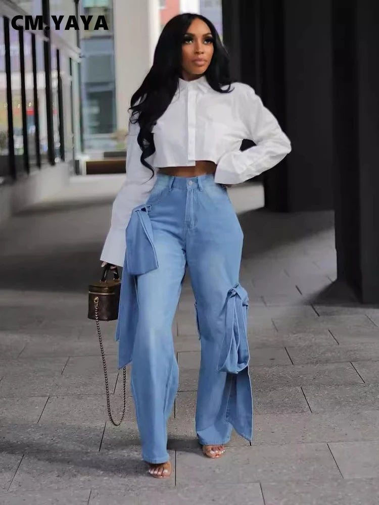 CM.YAYA Women Street Fashion High Waist Zipper Fly Wide Leg Straight String Jeans Trousers 2024 Summer Chic Denim Pants