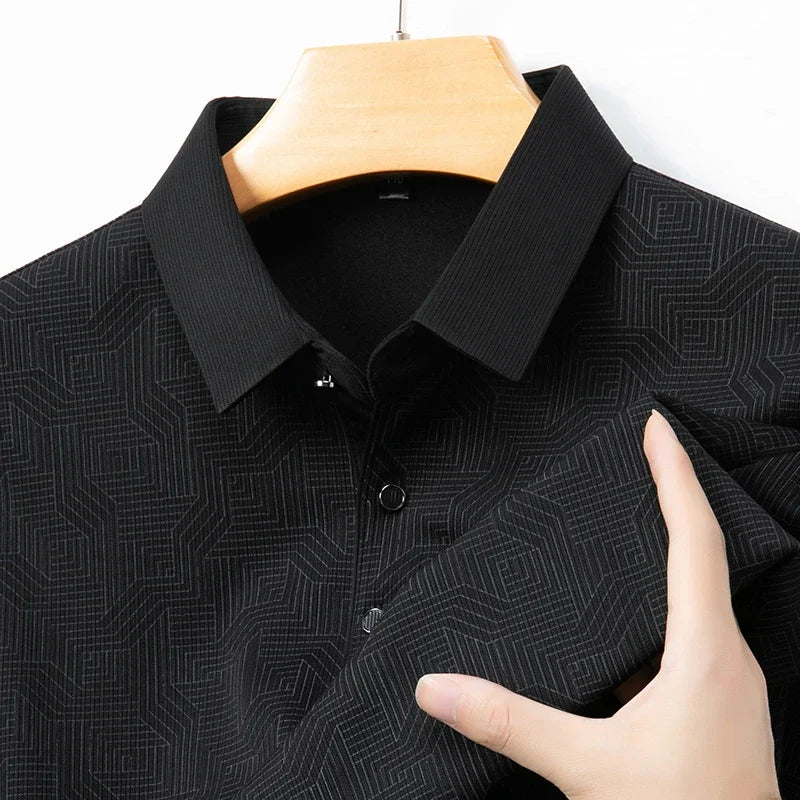 New Men's Business Casual Long Sleeved Shirt with Badge Solid Color Polo Shirt Fashionable Breathable Comfortable Versatile Top