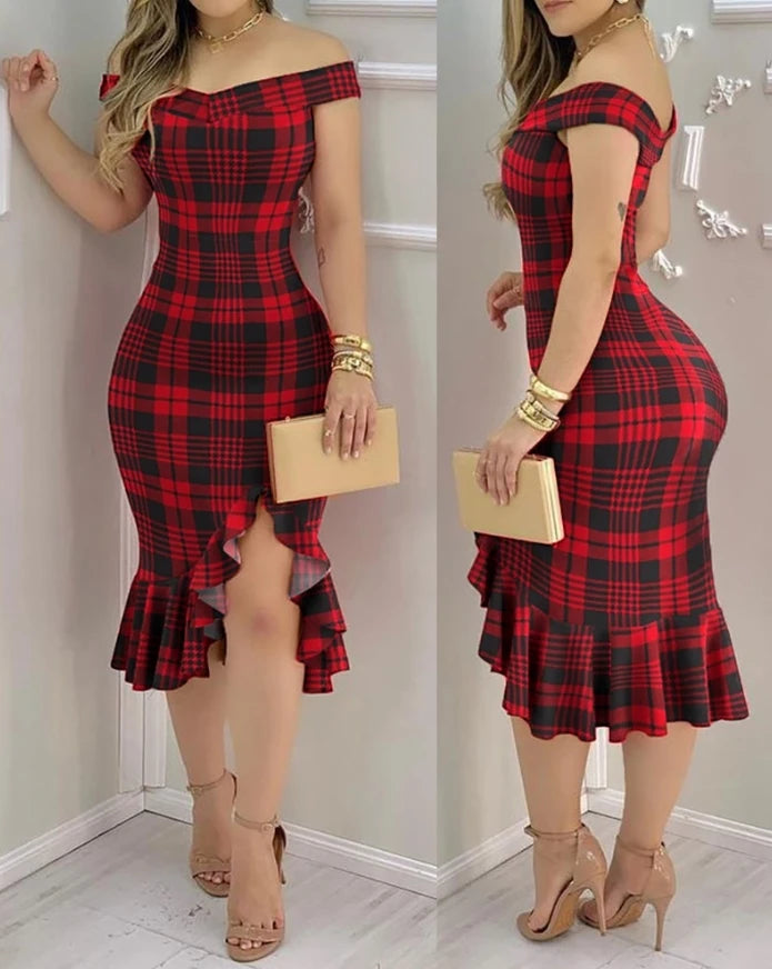 Womens Dresses 2024 Summer Fashion Beaded Off Shoulder Ruffles Slit Hem Elegant Plain Short Sleeve Skinny Midi Party Dress