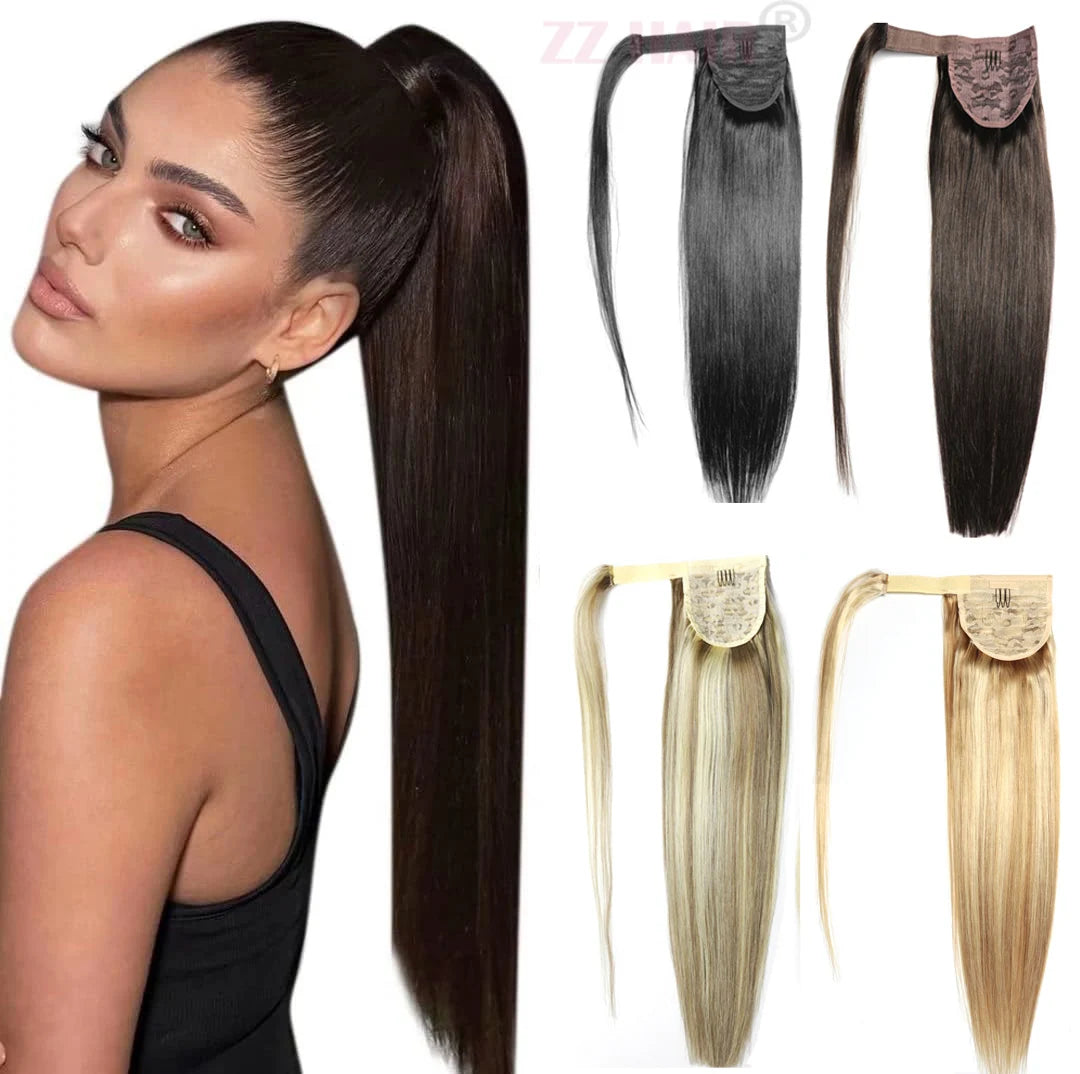 ZZHAIR 100% Human Hair Extensions 16"-26" Magic Wrap Around Ponytail 100g Clip In  Machine Made Remy Horsetail Stragiht