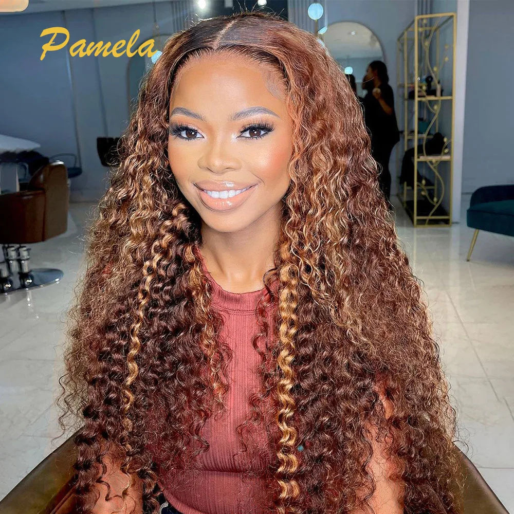 Curly 13x6 Transparent Lace Frontal Human Hair Glueless Wig Pre plucked Ready To Go Honey Blonde Pick And Chocolate Colored Wigs