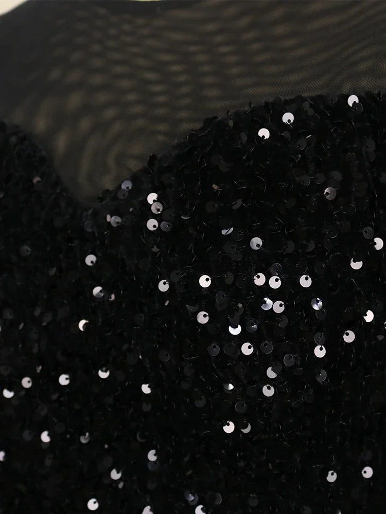 Women Sequined Shiny Black Long Dress Glitter Embroidered Chest Wrapped Puff Sleeve Classy Winter Fall Party Celebrity Gowns New