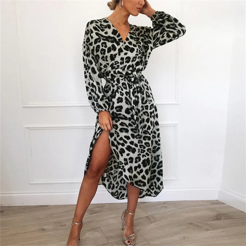 Leopard Print Slimming Dresses Women Spring Fall Long Sleeve Spliced Folds Side Split Elegant Dresses Female Vestidos Midi Dress