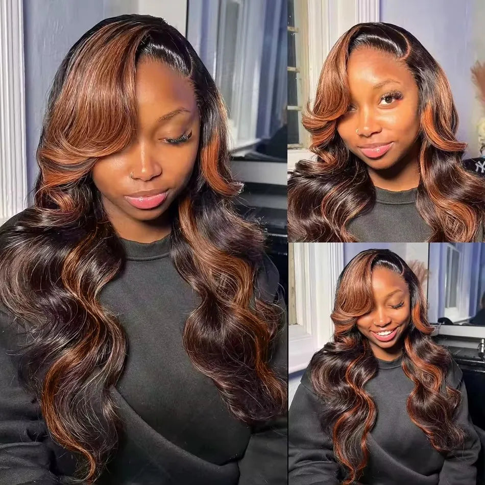 Mossily 250 Density 30 Inch Body Wave Highlight Wig Human Hair 1B/30 Black Brown Highlight 13x6 HD Lace Frontal Wig Human Hair
