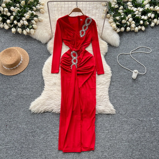 Elegant Long Sleeves Vintage V-neck Chic Rhinestone Pleated Asymmetrical Slim Split Dresses Evening High Street Autumn Clothing