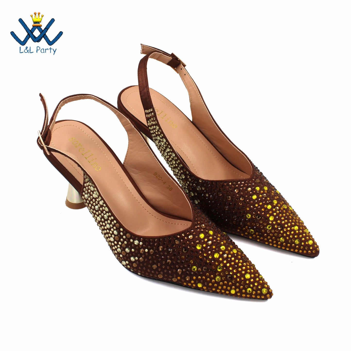 Coffee Color Fashion Italian Women Shoes and Bag Set High Quality New Full Shinning Crystal Slingbacks Pumps for Wedding