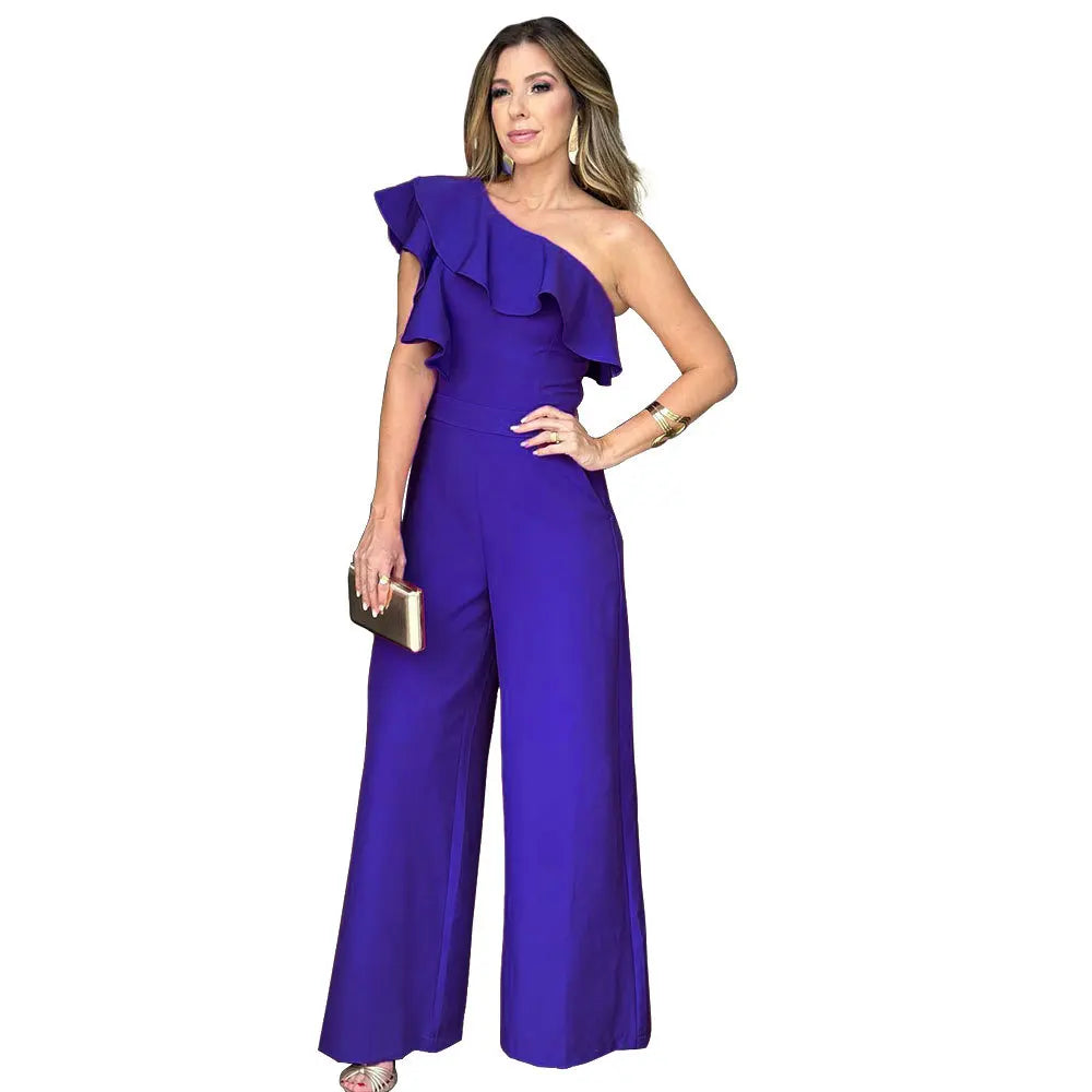 Women's Jumpsuit Fashion Elegant office Long Jumpsuit for Woman Summer New Solid Sleeveless Ruffle Hem One Shoulder Jumpsuits