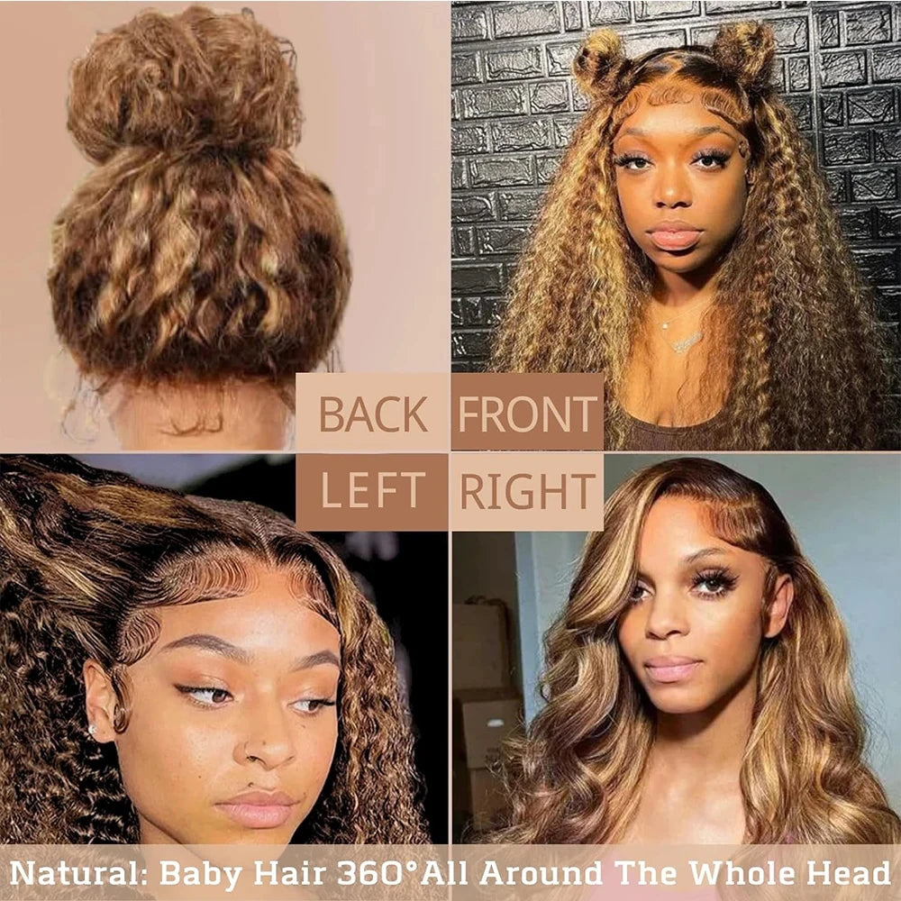 Highlight 360 Lace Front Wig Human Hair 250 Density Lace Wigs 30Inches Colored Deep Curly HD 360 Lace Front Wig Preplucked
