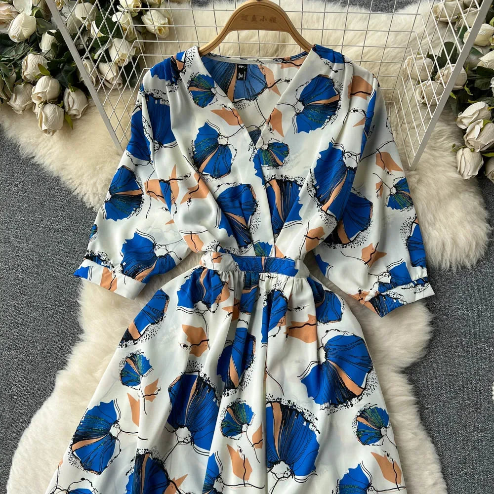 Summer Holiday Floral Beach Wrap Dress Women V Neck Short Sleeves Chic A Line Dress Bohemian Vintage Print Long Dress