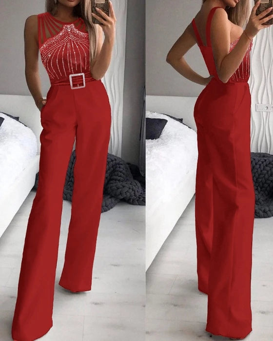 Elegant Jumpsuit for Women Party Summer Casual Rhinestone Sheer Mesh Sleeveless Jumpsuits Skinny Outfits Fashion Ladies Suit