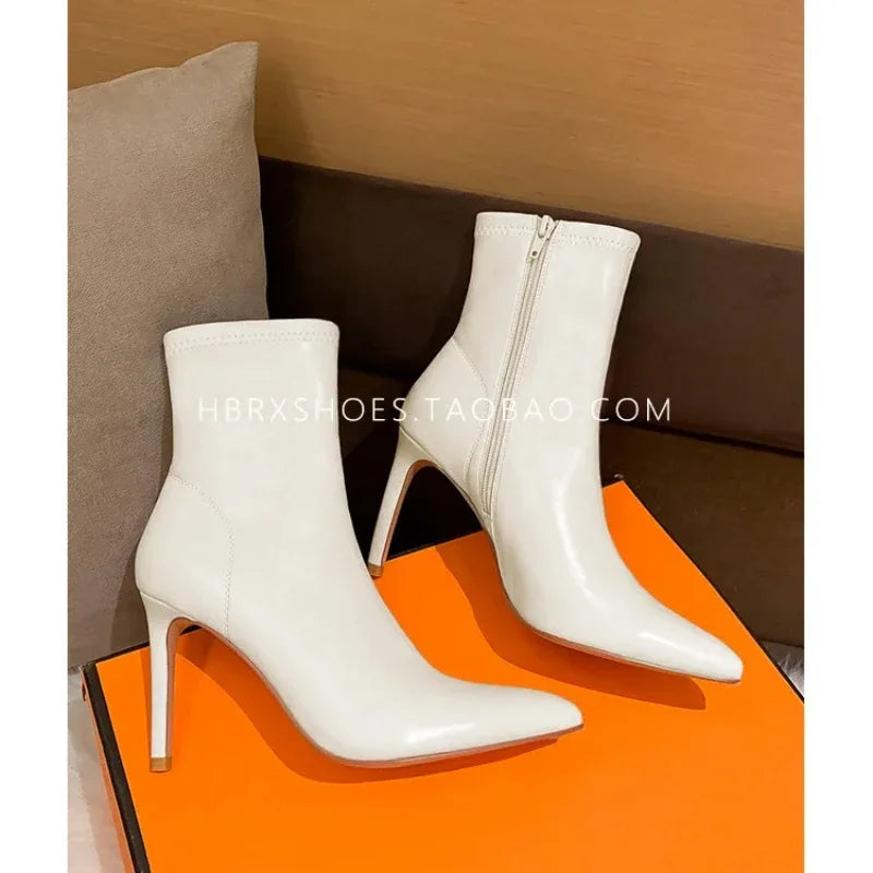 Women's Spring Ankle Boots White High Heels Pointed Toe Stiletto Heel Side Zipper Short Boots Leisure Fashion Sexy Botas Mujer