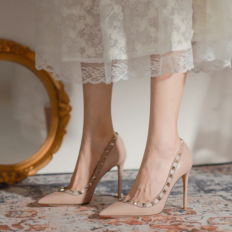 2025 New Luxury Brand High Heels Women's Shoes Metal Rivet Pointed Black Pumps Fashion Sexy Genuine Leather Women's Single Shoes