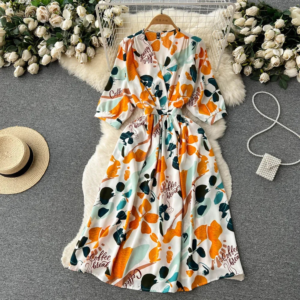 Summer Holiday Floral Beach Wrap Dress Women V Neck Short Sleeves Chic A Line Dress Bohemian Vintage Print Long Dress