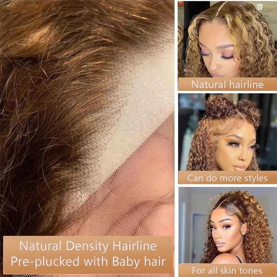 4/27 Highlight Ombre Deep Water Wave Short Bob Wigs Curly 13x4 HD Lace Front Wig 100% Real Human Hair Wig Ombre Brown Short Wig