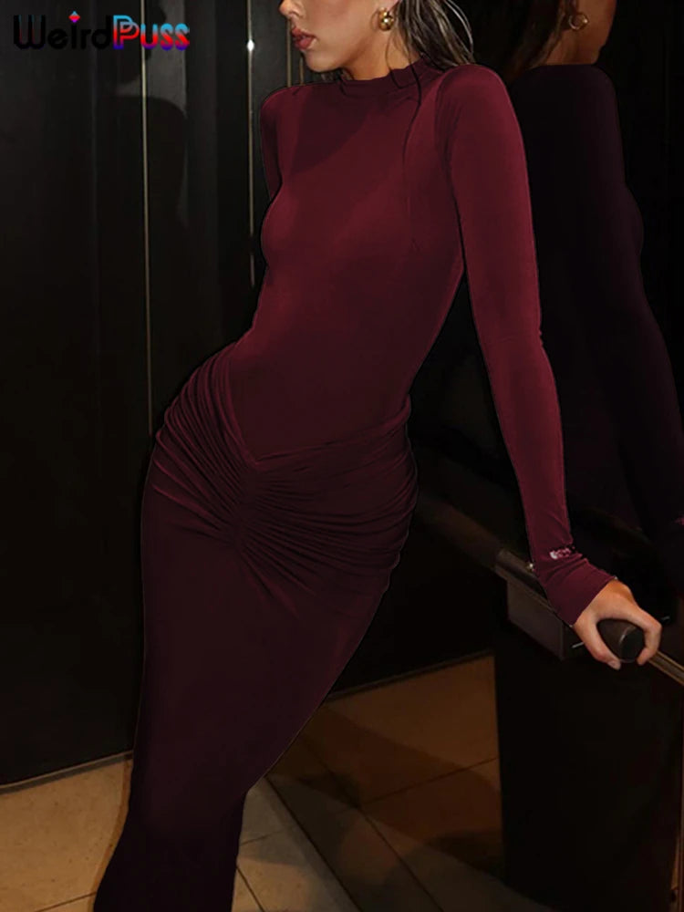 Weird Puss Hipster Ruched Dress Women o-NeckFull Sleeve  Skinny Stretch Robe Autumn Trend Simple Classic Pleats Long Bodycon