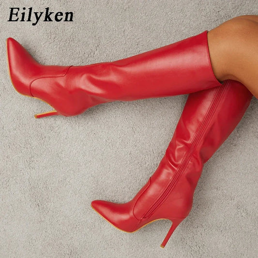 Eilyken Autumn Winter Wedding Party Women Knee-High Boots Pointed Toe Thin High Heels Shoes Sexy Zipper Footwear Size 35-42