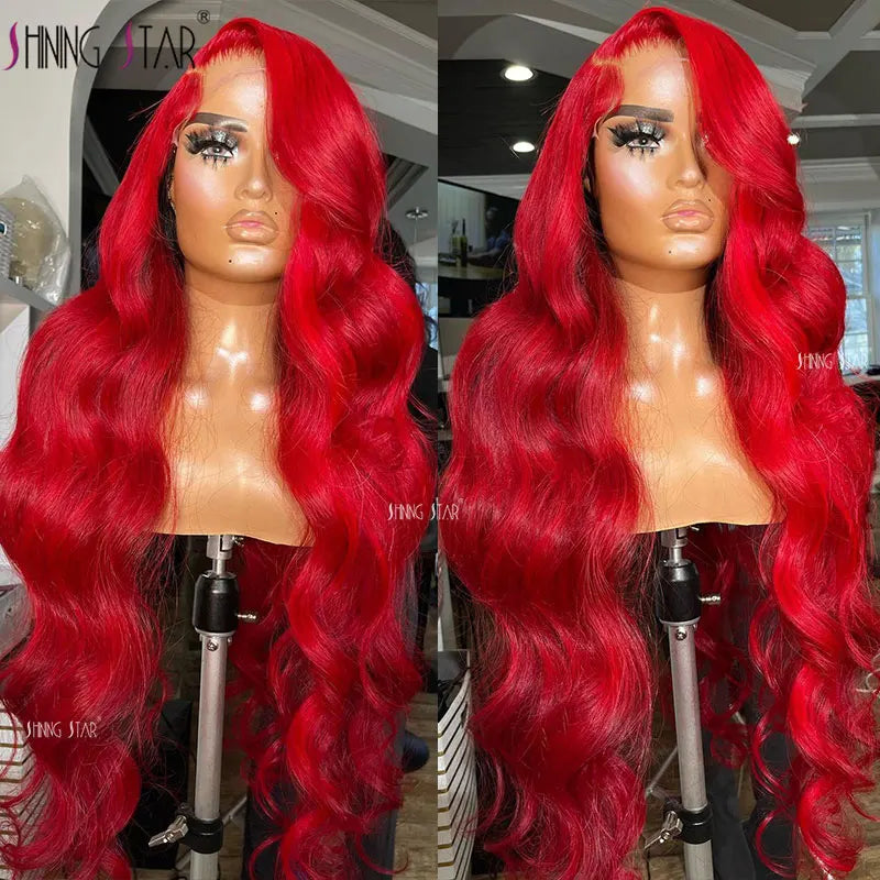 13X6 Body Wave Lace Front Wig Burgundy Colored Red Lace Front Human Hair Wigs Curly Peruvian 13x4 HD Lace Frontal Wig 30 34 Inch