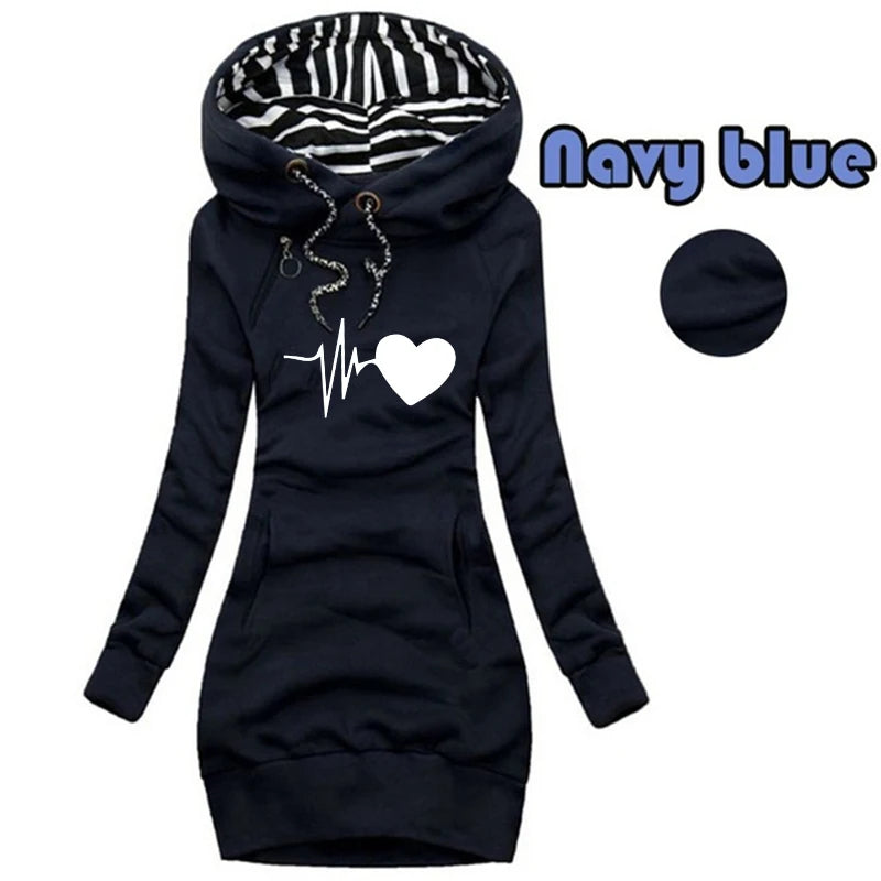 New electrocardiogram Printed Women Autumn Winter Solid Color Long Sleeve Casual Hoodies Dress Sweater Dress S-3XL