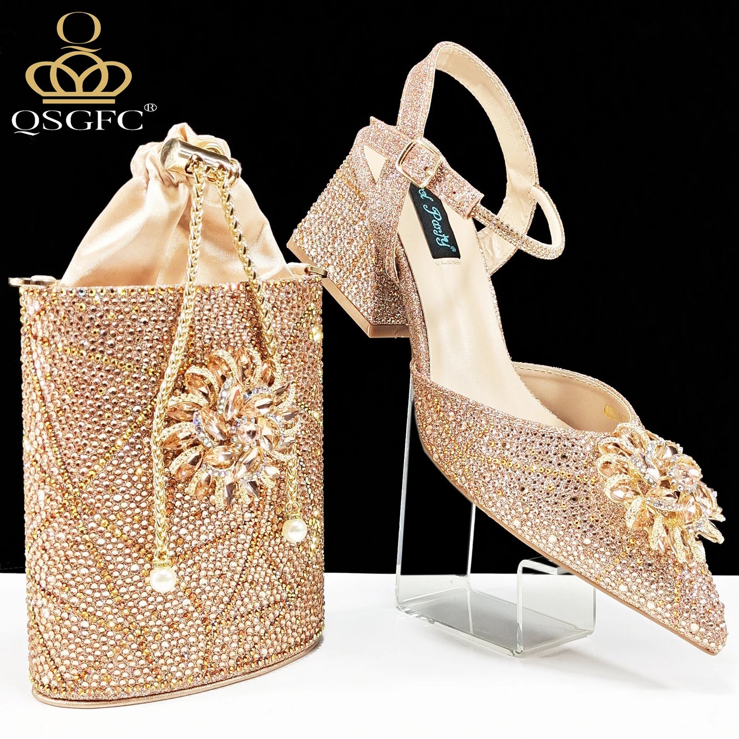 QSGFC Fashion Design High-end Women's Shoes with Diamond Oval Stand Bag Women's High Heels for Special Day or Work
